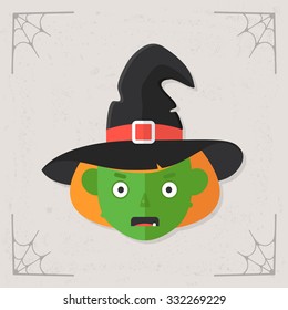 Witch face icon. Witch wearing hat. Halloween illustration isolated on stylized gray background. Vector illustration