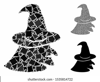 Witch face mosaic of rugged parts in various sizes and color tints, based on witch face icon. Vector trembly dots are united into collage. Witch face icons collage with dotted pattern.