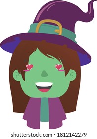 Witch with facial gesture, wearing hat and robe.