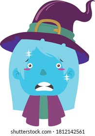 Witch with facial gesture, wearing hat and robe.