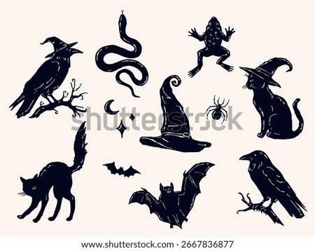 Witch familiar animals vector set with hand drawn black cats, raven, bat, snake, frog, spider, and witch hat for Halloween and mystical projects
