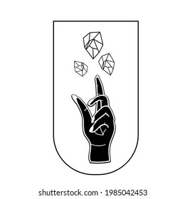 Rohe weibliche Hand mit Himmelsglaslogo-Vorlagen in Silhouette-Design mit glänzenden Sternen. Vektormystisches Logo mit einem magischen Symbol in Schwarz-Weiß.