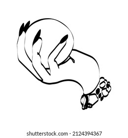 Witch female hand holding magic crystal ball isolated on white.Creepy vector illustration hand drawn doodle. Gothic design, mystical magic symbol in black outlines.