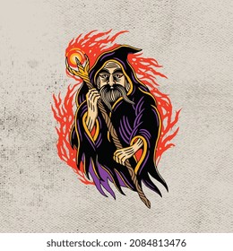witch with fire in stripes for tattoo design