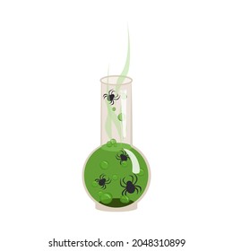 Witch flask with boiling green liquid and spiders. Halloween potion party decoration