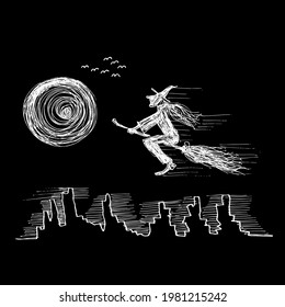 the witch flew on a broomstick, sketch illustration