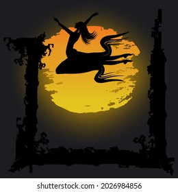 Witch flies against the background of a yellow moon - dark forest in grunge style - vector. Mystic. Witchcraft. Halloween party banner