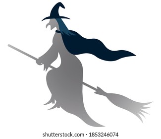 The witch flies astride a broomstick. Silhouette. Vector illustration. Isolated white background. Halloween symbol. Decoration for All Saints Day. Dark shadow. A woman with a long, humped nose. 