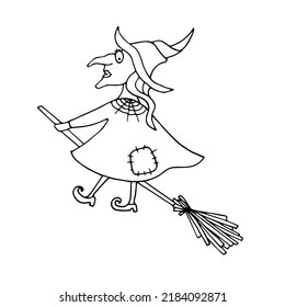 The witch flies away on a broomstick. Halloween coloring book vector illustration