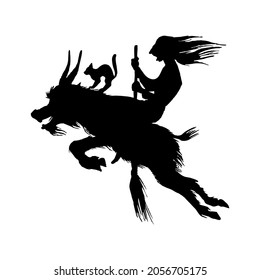 Witch flies with a broom and a goat. Ancient mythical Magic silhouette. Engraved monochrome sketch. Hand drawn vintage old Fortune illustration.