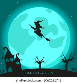 Witch flies on a broom against of full moon. Trees and house. Vector illustration. Witch silhouette on a broomstick. Flying witch icon.