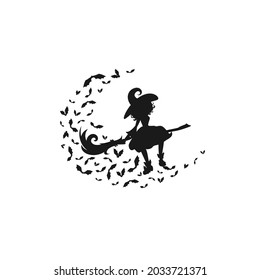 Witch flies on the broom with bats. Moon, bats and and hag in hat. Magic, fantasy. Flat design. Vector illustration. Halloween night symbol. Fairytale logo isolated on white.