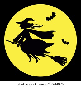The witch flies on a broom with bats. Vector illustration.