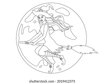 Witch flies on a broom at night sky with full moon. Coloring book page. Girl in halloween costume with witch hat. Vector hand drawn illustration with doodle elements.