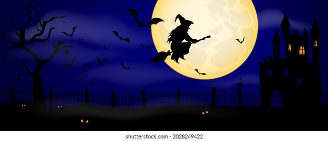 The witch flies on a broom at night with a full moon.