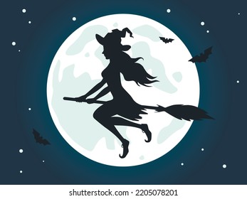 Witch flies on a broom at night sky with full moon. Girl in halloween costume with witch hat. A silhouette of beautiful young witch on a broomstick in the air