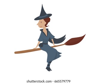 The witch flies on a broom on white background. Halloween. Vector flat illustration.