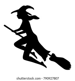 the witch flies on a broomstick.