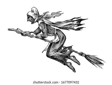 Witch flies on a broomstick. Ancient mythical fictional character. Engraved monochrome sketch. Hand drawn vintage veto illustration.