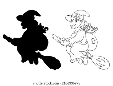 The witch flies on a broomstick. Coloring book page for kids. Cartoon style character. Vector illustration isolated on white background.