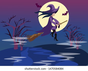 Witch flies on a broomstick, coven. Fantasy halloween. In minimalist style. Cartoon flat vector Illustration