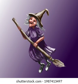 Witch flies on a broomstick on a dark background illuminated by the moon.Vector illustration.Cartoon. Scary Halloween costume elements.