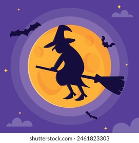 A witch flies on a broomstick during the full moon. Halloween holiday illustration. Bats fly across the sky. EPS10
