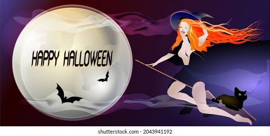 The witch flies on a broomstick. The moon and the cat. Halloween design