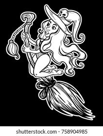 The witch flies on a broomstick. Vector illustration. Print on poster, card, T-shirt.