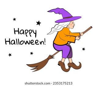 The witch flies on a broomstick on a white background. Vector illustration in doodle style