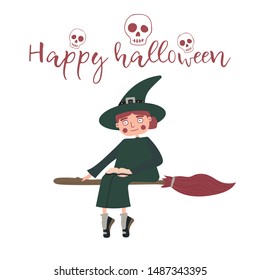 Witch flies on the coven. Illustrated cartoon character in a flat style. Female sorceress riding a broomstick. Halloween costume. For poster, web banner, cartoon. Like a signboard of a magic store.