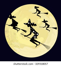 The witch flies on her broom against the moon.