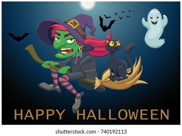 the witch flies on her broom. postcard a happy halloween. cat looking at a ghost. vector