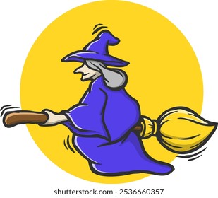 the witch flies on her broomstick, hand drawing, vector illustration