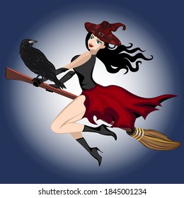 The witch flies on a magic broomstick. Baba Yaga. Vector illustration