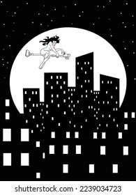 The witch flies on a vacuum cleaner over the city at night. Folklore. Mysticism. Humor.