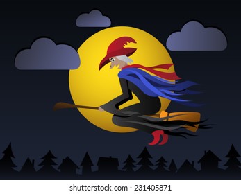 Witch flies over the village