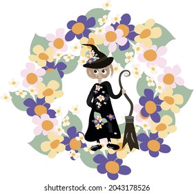 witch, flower frame, floral frame, hat, vector illustration, halloween