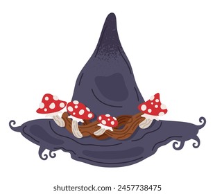 Witch fly agarics pointy hat. Halloween party magician costume element, spooky wizard amanita mushroom decorated hat flat vector illustration. Creepy magician hat on white