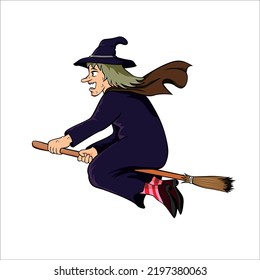 witch fly with broom cartoon design vector illustration. Halloween sign and symbol.