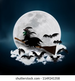 The witch fly in the dark night and full moon as Halloween day concept. vector illustration.