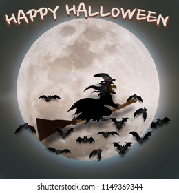 The witch fly in the dark night and full moon as happy Halloween day concept. vector illustration.