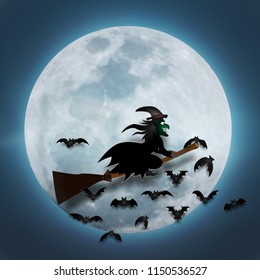 The witch fly in the dark night and full moon as Halloween day concept. vector illustration.