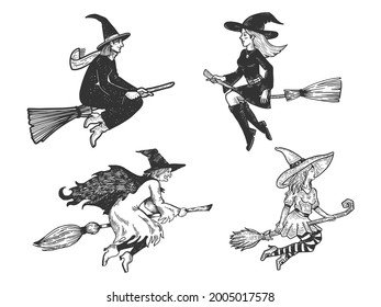 witch fly on a broom collection set line art sketch engraving vector illustration. T-shirt apparel print design. Scratch board imitation. Black and white hand drawn image.