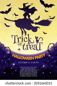 Witch fly on broomstick with black cat and bat against full moon. Happy Halloween greeting and trick or treat concept vector graphic design for poster, banner and greeting card.