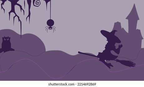 witch fly on cloud background, halloween with owl in tree and spider scary halloween holiday illustration