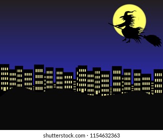 Witch flying above city at night time, in the background is the moon. Halloween concept from web design, book cover, print, promotional material, postcard. Vector eps 10.
