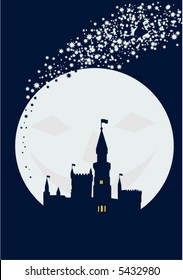 A witch flying above the old castle. Halloween.