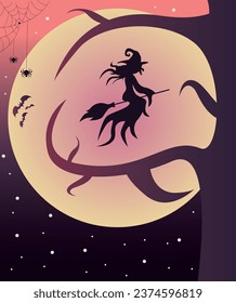 Witch flying above the tree on colorful moon night background. Halloween vector illustration.