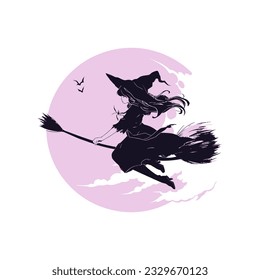 A witch flying across the full moon on her broomstick on Halloween night. Vector Illustration.